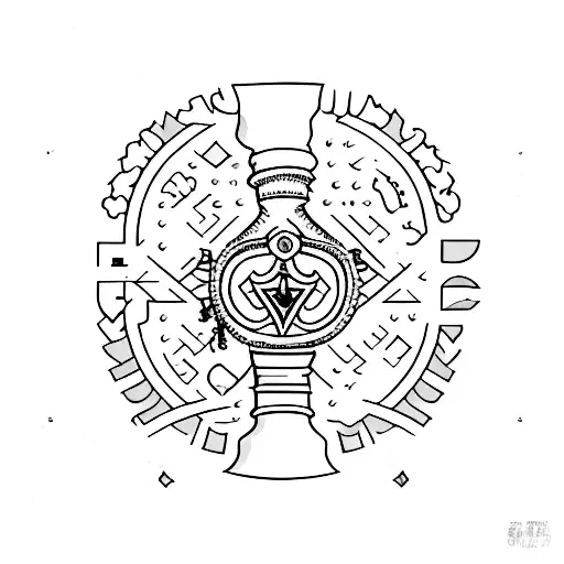 a series of symbols in a row that include a key, an arrow, an Ace of hearts card, marigold,  tattoo design idea