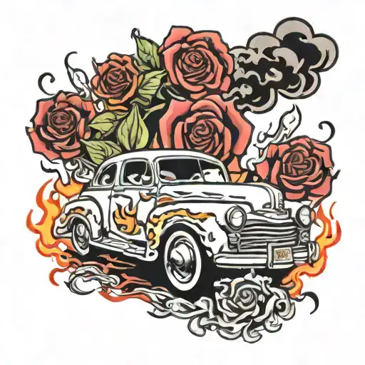 car, flames, money, roses, smoke, 96' tattoo design idea