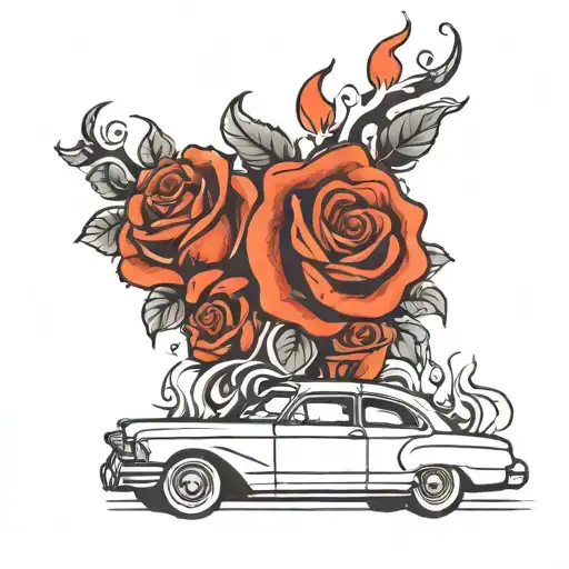 car, flames, roses, smoke, 96' tattoo design idea