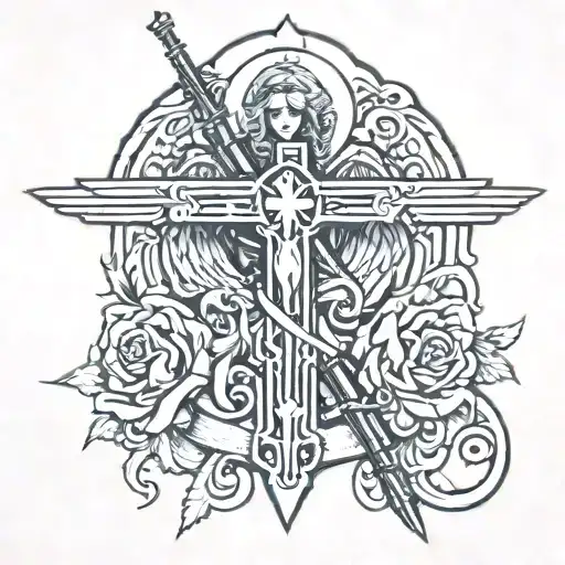 cross with angel holding guns  tattoo design idea