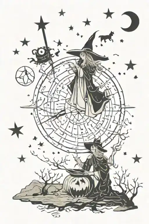 witch celestial scene tattoo design idea