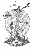 witch celestial scene tattoo design idea