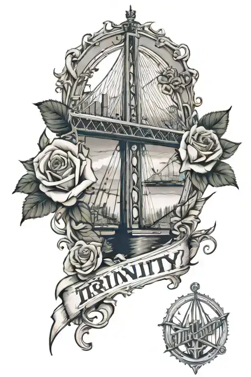 A forearm tattoo with the name Trinity in the middle and roses and weed leafs  and the bay bridge with smoke in the back tattoo design idea