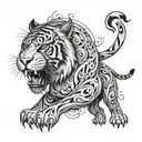 An abstract representation of a sabertooth tiger's spirit animal, surrounded by a swirling pattern of animals from its family tree, in a black-grey style tattoo design idea