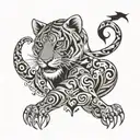 An abstract representation of a sabertooth tiger's spirit animal, surrounded by a swirling pattern of animals from its family tree, in a black-grey style tattoo design idea