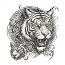 An abstract representation of a sabertooth tiger's spirit animal, surrounded by a swirling pattern of animals from its family tree, in a black-grey style tattoo design idea