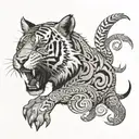 An abstract representation of a sabertooth tiger's spirit animal, surrounded by a swirling pattern of animals from its family tree, in a black-grey style tattoo design idea