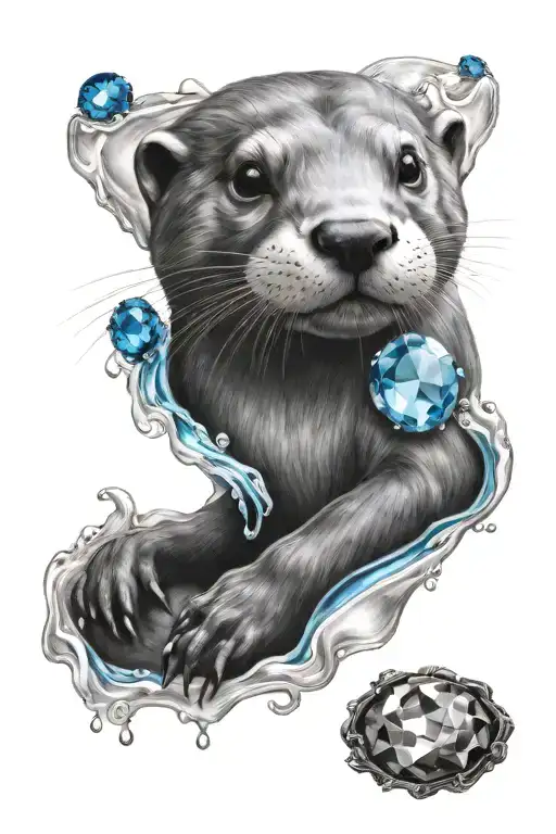greyscale otter floating holding a blue gemstone tattoo design idea
