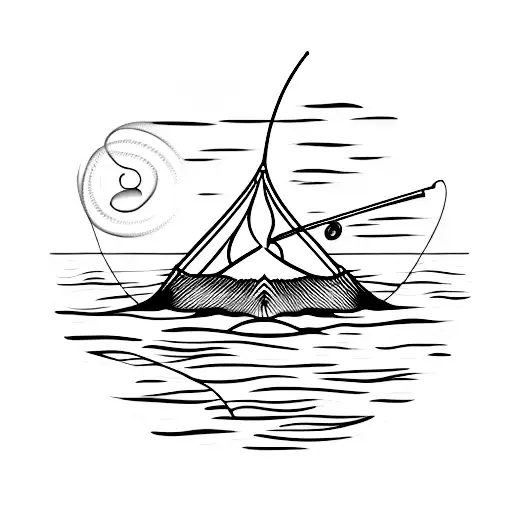 A minimalist tattoo of a tranquil lake with a fishing line floating on the water, capturing the client's passion for fishing and relaxation tattoo design idea