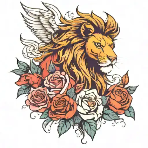 lion, phoenix and roses  tattoo design idea