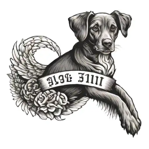 angel wings and number 11:11, the word family and the word Maggie with puppy paw print tattoo design idea