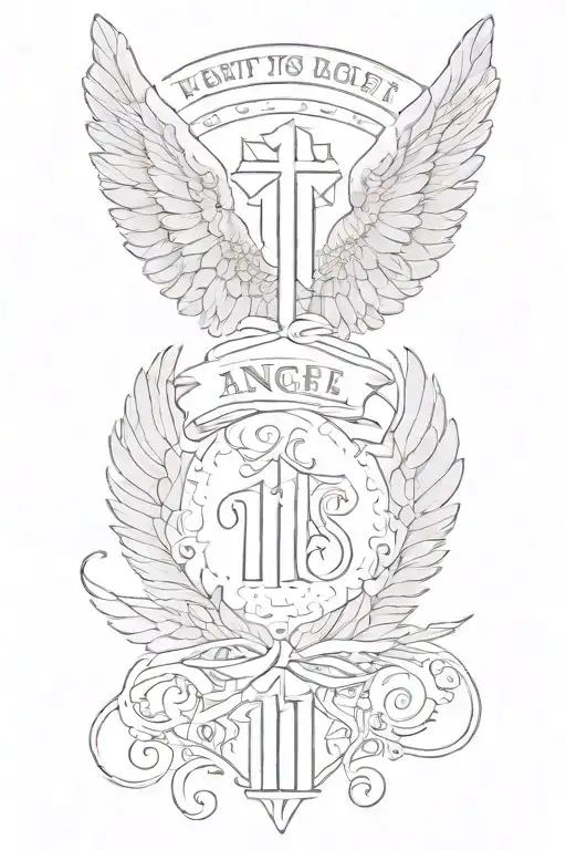 angel wings, number 11:11, word family, word Maggie with paw print tattoo design idea