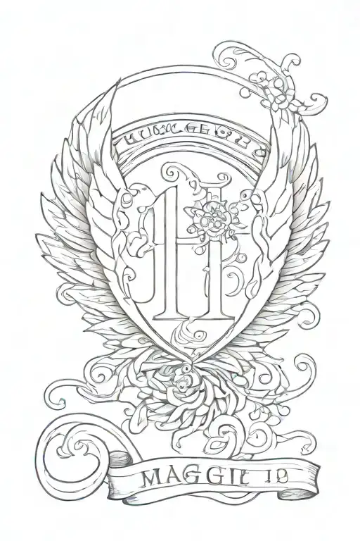 angel wings, number 11:11, word family, word Maggie with paw print tattoo design idea