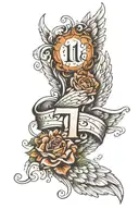 angel wings, number 11:11, word family, word Maggie with paw print tattoo design idea