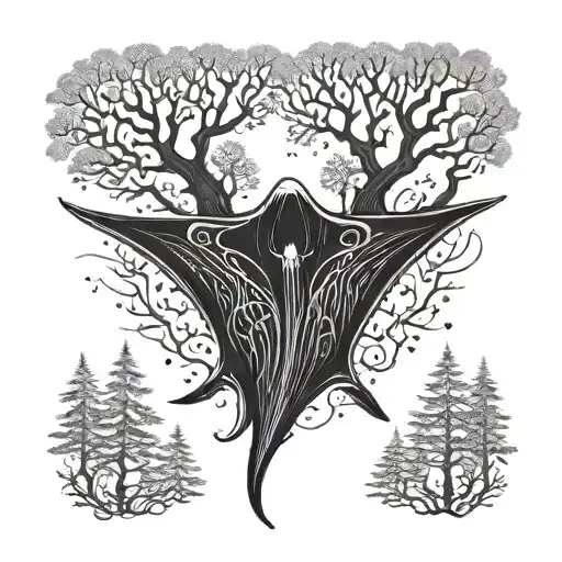 A majestic manta ray swimming through a forest of towering trees tattoo design idea