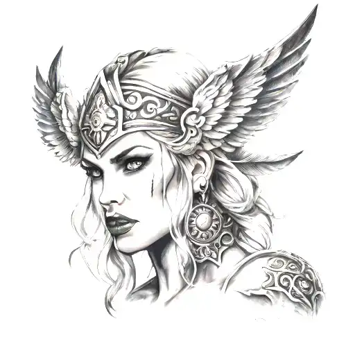 dark sexy Valkyrie, bitting lips portrait tattoo,  tattoo design idea