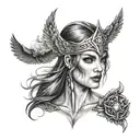 dark sexy Valkyrie, bitting lips portrait tattoo,  tattoo design idea