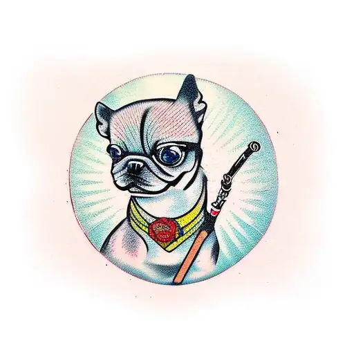 woodcut, small dog smoking a pipe tattoo design idea