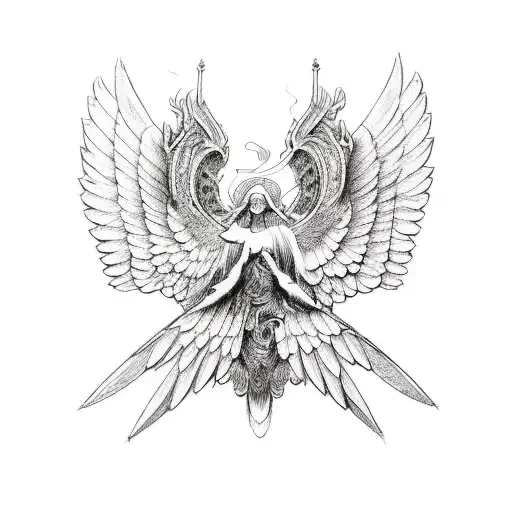 woodcut, seraphim, 6 wings tattoo design idea