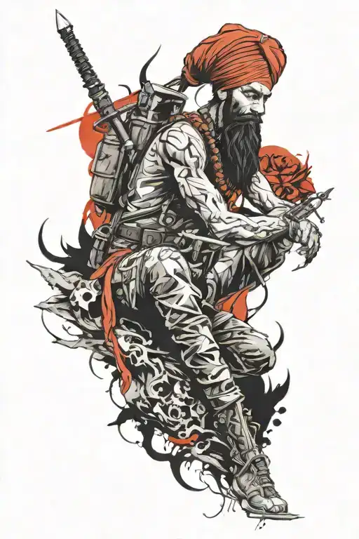 forest arm tattoo with sikh warrior sitting next to fire  tattoo design idea