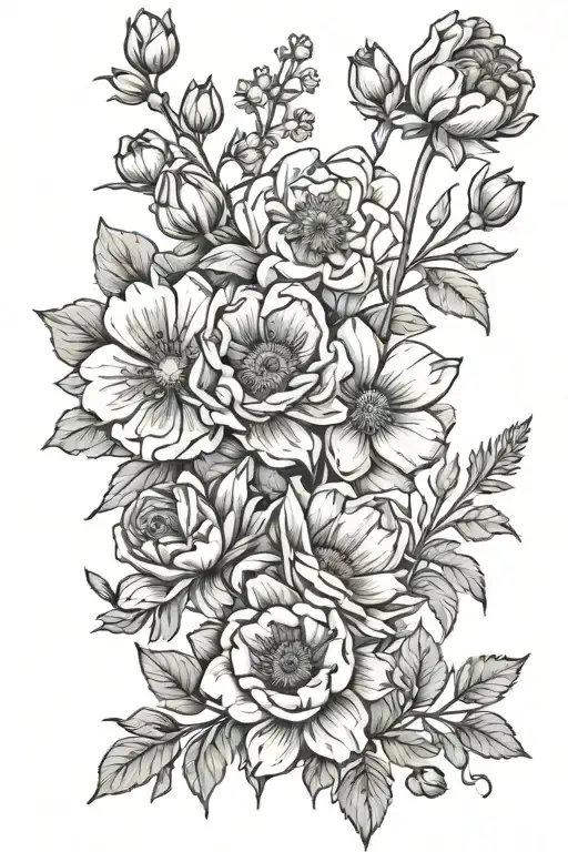 cluster of flowers: prairie rose, new england aster, clover, larkspur, tulip, cornflower, canada anemone tattoo design idea