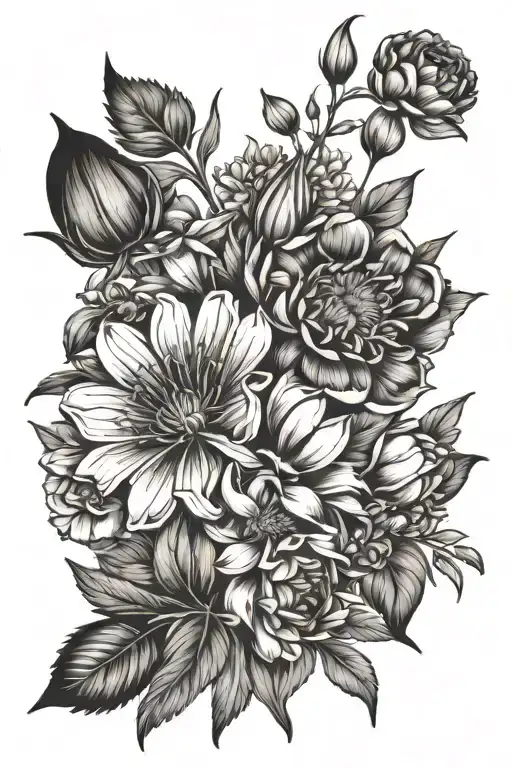cluster of flowers: prairrie rose, new england aster, clover, larkspur, tulip, cornflower, canada anemone tattoo design idea