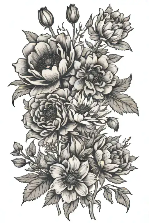 cluster of flowers: prairie rose, new england aster, clover, larkspur, tulip, cornflower, canada anemone tattoo design idea