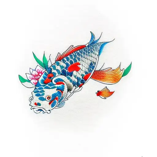 Koi Fish with flowers fine lines tattoo design idea