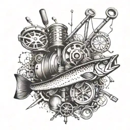 An intricate design featuring fishing rods, reels, and lures intertwined with building tools like hammers and wrenches tattoo design idea