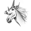 unicorn head sideways, gothic, dark, macabre tattoo design idea