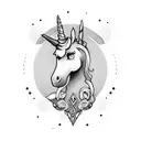 unicorn head sideways, gothic, dark, macabre tattoo design idea