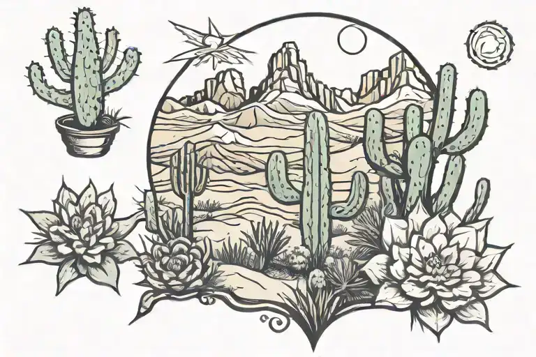 desert mountains cactus ocean tattoo design idea
