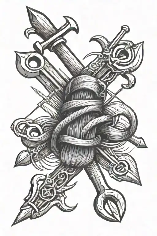 knitting needles and wrench crossed tattoo design idea