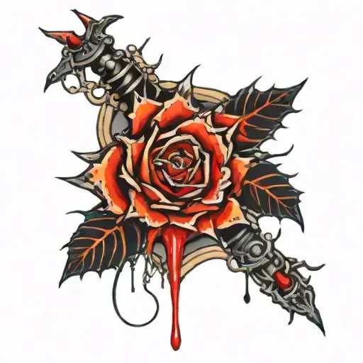 thigh garter made of thorns and blood dripping from its placement tattoo design idea