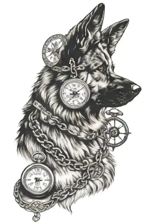 German shepherd head with compass and pocket watch tattoo design idea