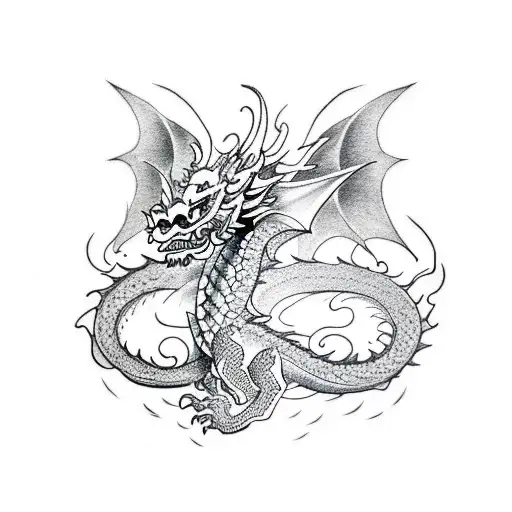 A dotwork tattoo of a dragon holding a pencil and sketching tattoo design idea