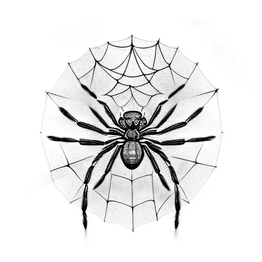A blackwork design of a spider weaving a web with intricate patterns and hidden symbols tattoo design idea