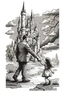 Disney castle & father daughter holding hands tattoo design idea