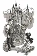 Disney castle & father daughter holding hands tattoo design idea