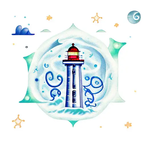 night sky, lighthouse, octopus, jellyfish, boat, pisces stars, sea tattoo design idea