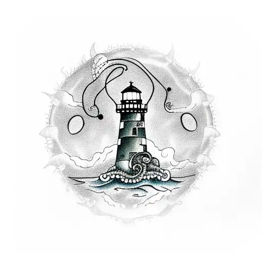 lighthouse, jellyfish, night sky, octopus  tattoo design idea