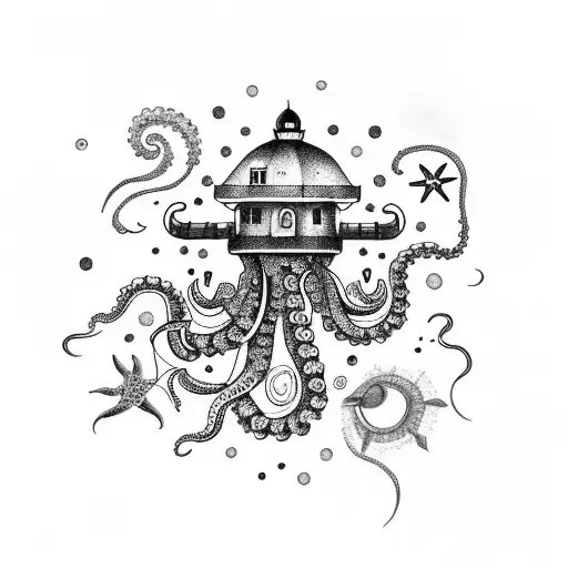 night sky, lighthouse, octopus, jellyfish, boat, pisces stars, sea tattoo design idea
