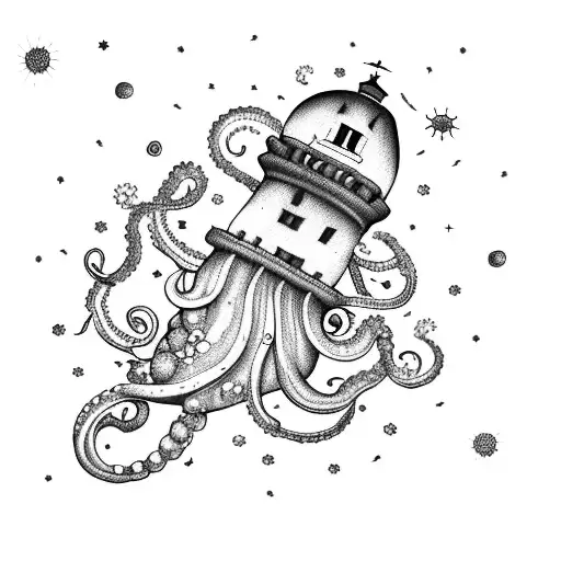 night sky, lighthouse, octopus, jellyfish, boat, pisces stars, sea tattoo design idea