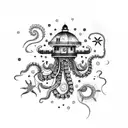 night sky, lighthouse, octopus, jellyfish, boat, pisces stars, sea tattoo design idea