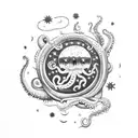night sky, lighthouse, octopus, jellyfish, boat, pisces stars, sea tattoo design idea