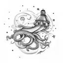 night sky, lighthouse, octopus, jellyfish, boat, pisces stars, sea tattoo design idea
