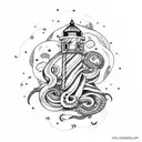 night sky, lighthouse, octopus, jellyfish, boat, pisces stars, sea tattoo design idea