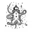 night sky, lighthouse, octopus, jellyfish, boat, pisces stars, sea tattoo design idea