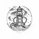night sky, lighthouse, octopus, jellyfish, boat, pisces stars, sea tattoo design idea