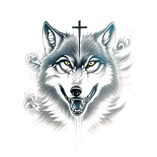 A fierce wolf standing in front of a cross tattoo design idea